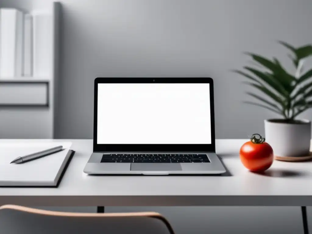 Escritorio minimalista para técnica Pomodoro Imagen: Técnica Pomodoro para exámenes de admisión - Escritorio minimalista y moderno con libros, laptop y temporizador