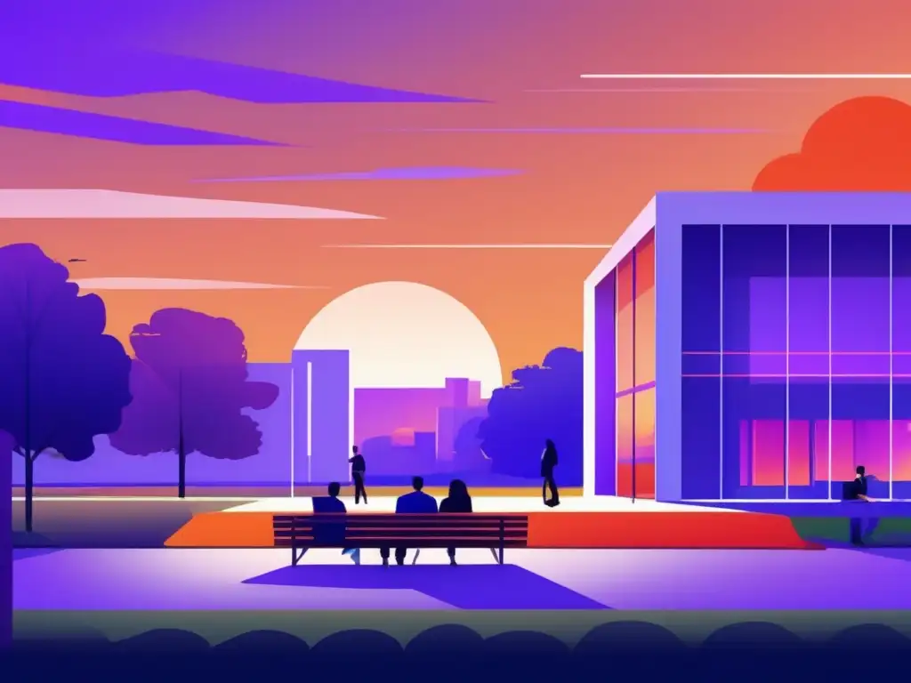 Campus universitario al atardecer, mentor y estudiantes en discusión Imagen universidad al atardecer con arquitectura moderna, estudiantes y mentor - Consejos para encontrar mentores universitarios