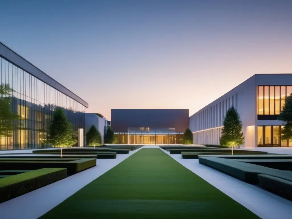 Universidad moderna al atardecer Impacto IA en admisiones universitarias: camino sereno hacia edificio moderno con iluminación cálida al atardecer