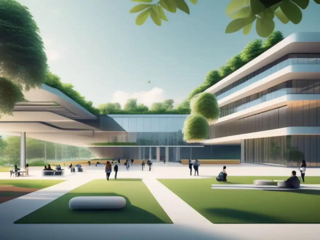 Futuro campus universitario con IA Impacto IA en admisiones universitarias: Futuro campus con edificios modernos, estudiantes estudiando al aire libre, herramientas educativas AI
