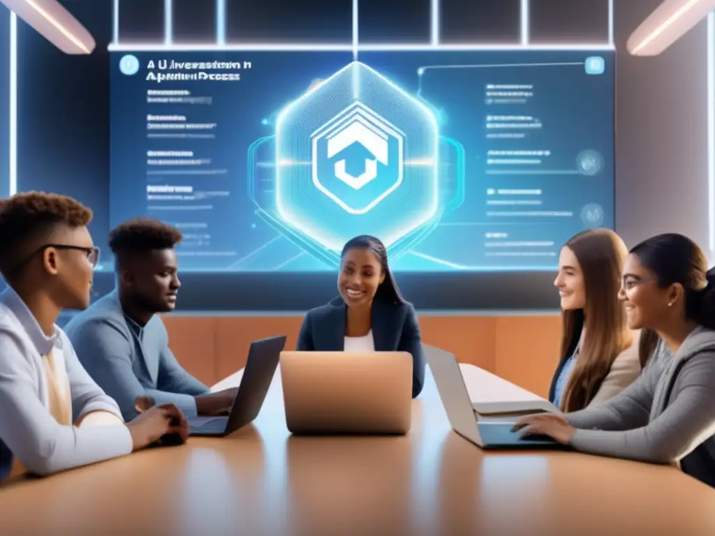 Ventajas y desventajas de AI en admisión universitaria Impacto IA en admisiones universitarias: estudiante solitario y grupo colaborativo rodeados de análisis de datos en interfaz futurista