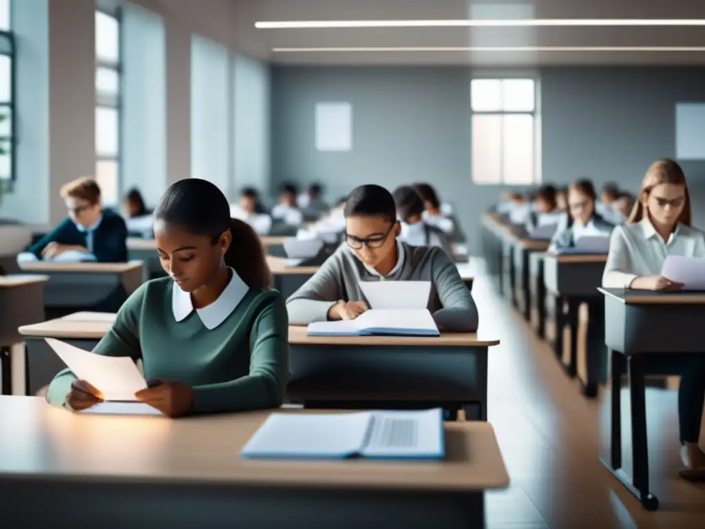 Examen de estudiantes con inteligencia artificial Impacto de la IA en exámenes de admisión: aulas modernas llenas de estudiantes tomando exámenes con ayuda de inteligencia artificial