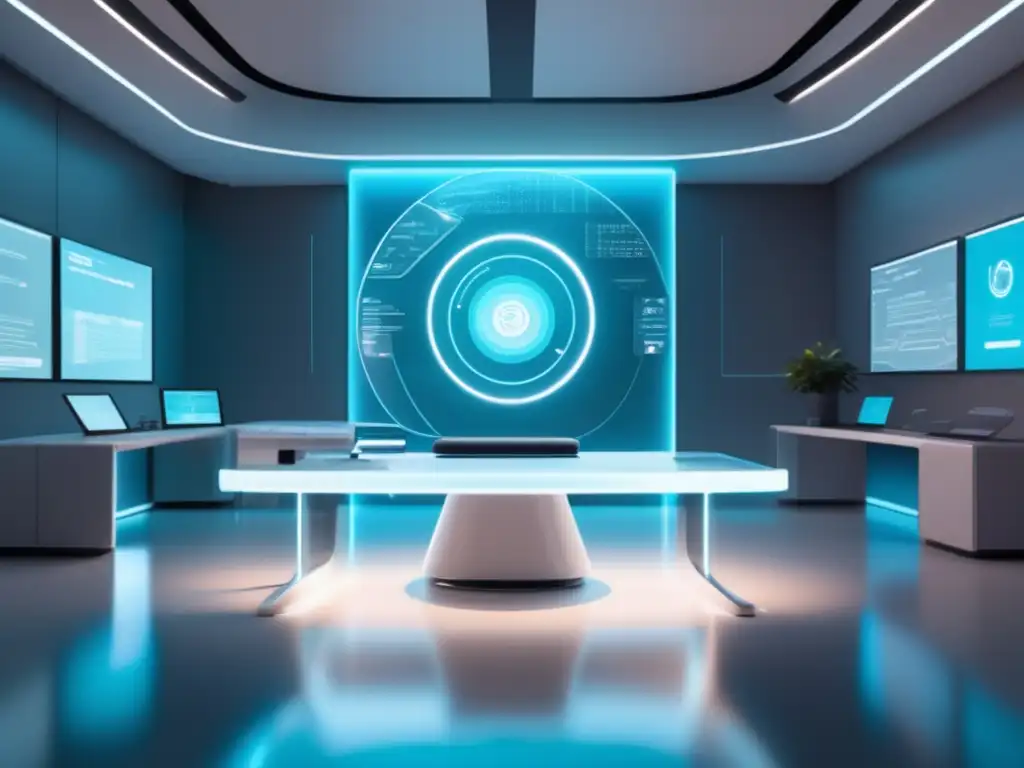 Sala de exámenes futurista con IA Impacto IA en exámenes: sala futurista AI con herramientas avanzadas y proyección holográfica, mejorando preparación y guiando estudiantes