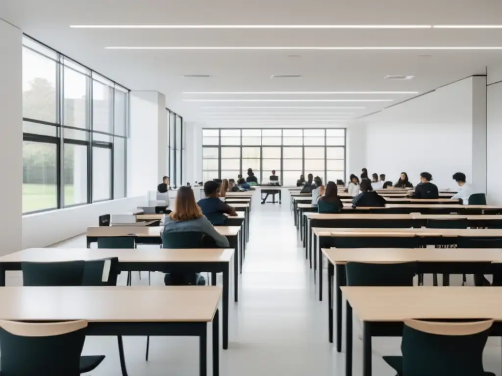 Aula universitaria moderna con estudiantes Impacto IA en exámenes admisión: aula universitaria minimalista con estudiantes enfocados, promoviendo un entorno de aprendizaje propicio