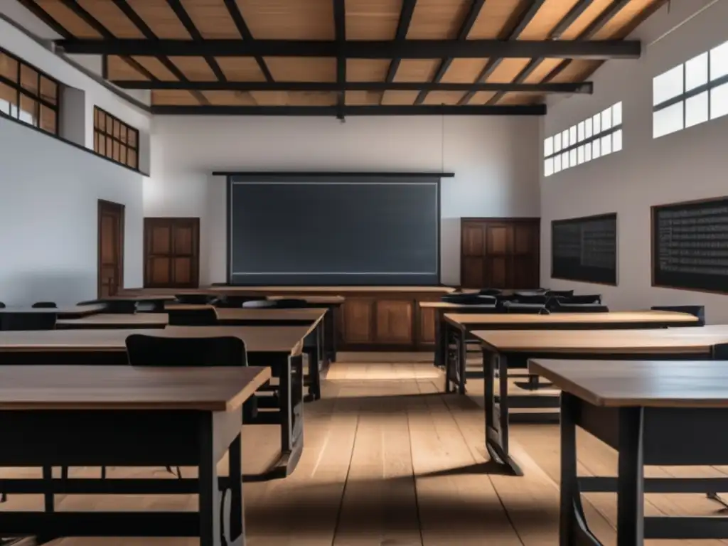 Aula tradicional previa a la Revolución Industrial Impacto Revolución Industrial en admisiones universitarias: Aula tradicional preindustrial con pupitres de madera, pizarra y luz natural