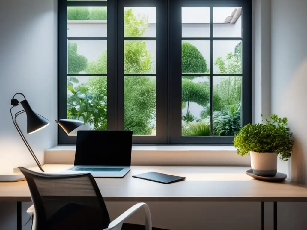 Espacio de trabajo tranquilo y productivo Impacto de la Procrastinación en la Salud Mental: Espacio de trabajo sereno con escritorio organizado, luz natural y ambiente propicio para estudiar