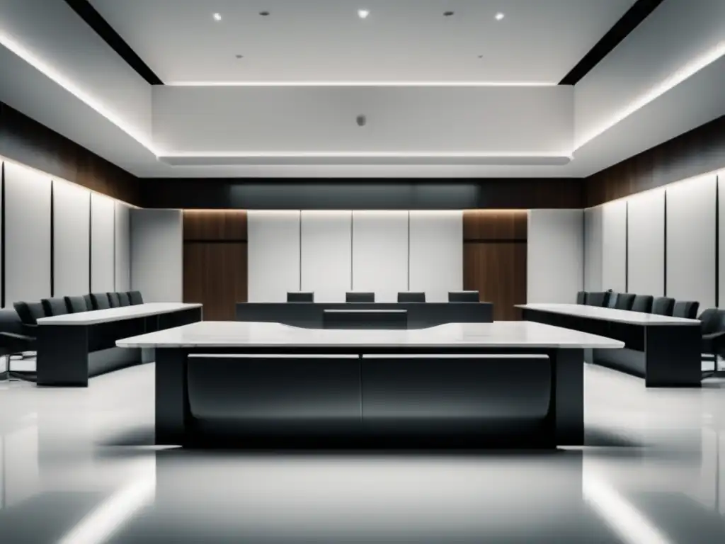 Escena de tribunal moderno y minimalista Implicaciones legales fraude admisiones universidades: Escena minimalista en sala de tribunal con juez, abogados y vista panorámica