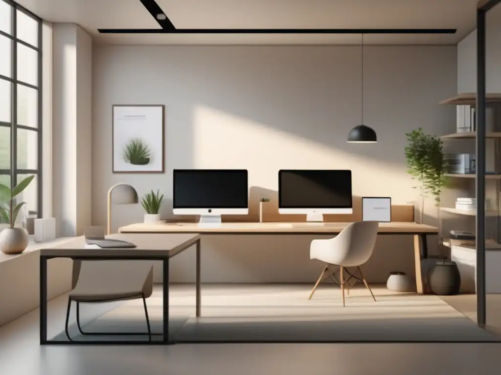 Espacio de oficina minimalista con aula virtual Importancia de la adaptabilidad en admisiones online: oficina moderna con aula virtual y estudiantes en aprendizaje remoto