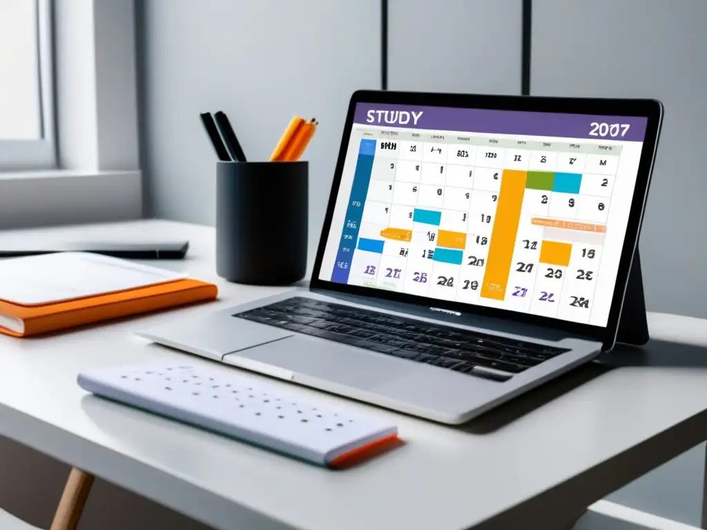 Escritorio blanco con plan de estudio y calendario Importancia gestión tiempo en admisiones universitarias: escritorio blanco organizado, estudio plan, calendario, eficiencia, organización y enfoque