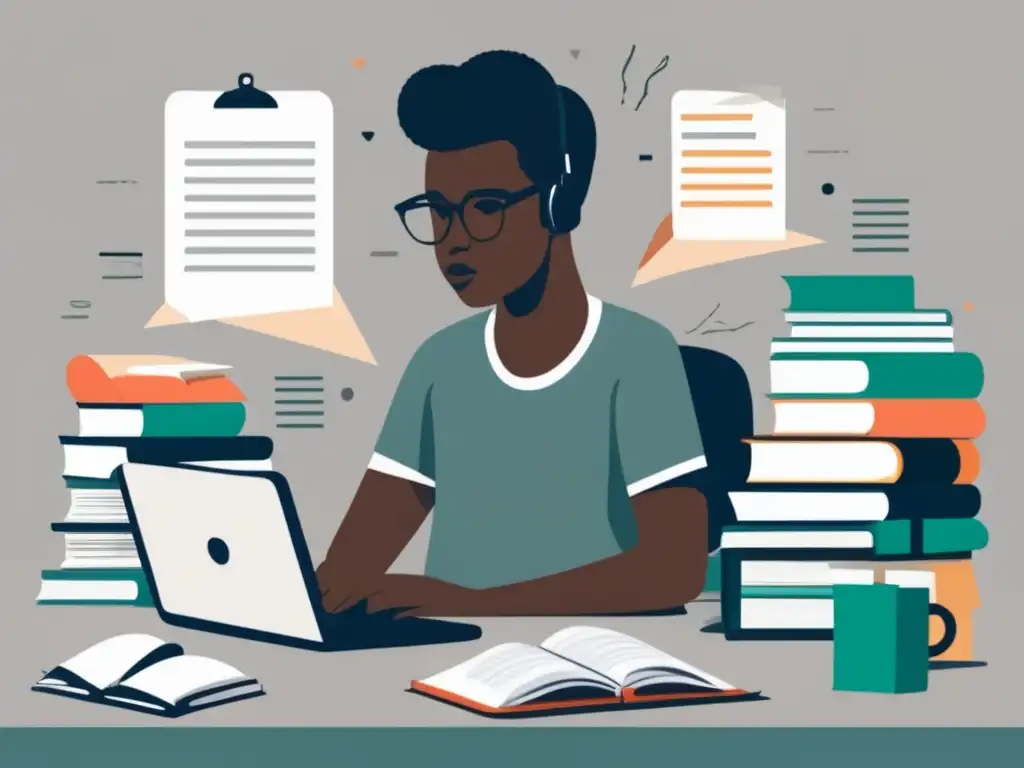 Estudiante concentrado en su escritorio Importancia de la autogestión en admisiones universitarias: Persona enfocada en estudios en un escritorio rodeado de libros, notas y laptop