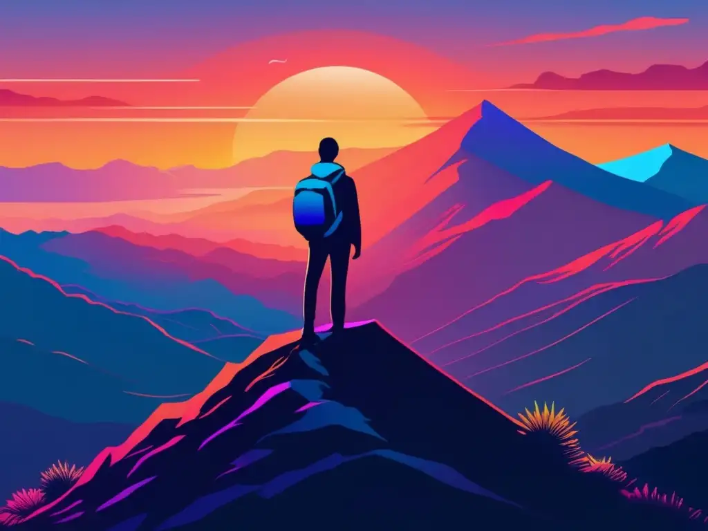 Figura solitaria en la cima de la montaña Importancia de la autoestima en las pruebas de ingreso: figura solitaria en una montaña, amanecer y paisaje majestuosos