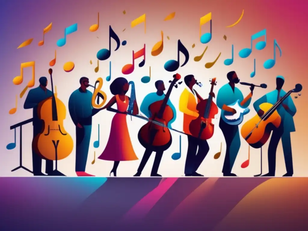 Músicos diversos en un escenario Importancia de bandas y coros en aplicación universitaria: ilustración minimalista músicos diversos en escenario con notas musicales