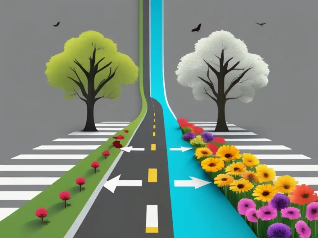 Elección de caminos: flores vs árboles gris Importancia de elegir carrera adecuada: dos caminos, flores coloridas y árboles sombríos, impacto en bienestar