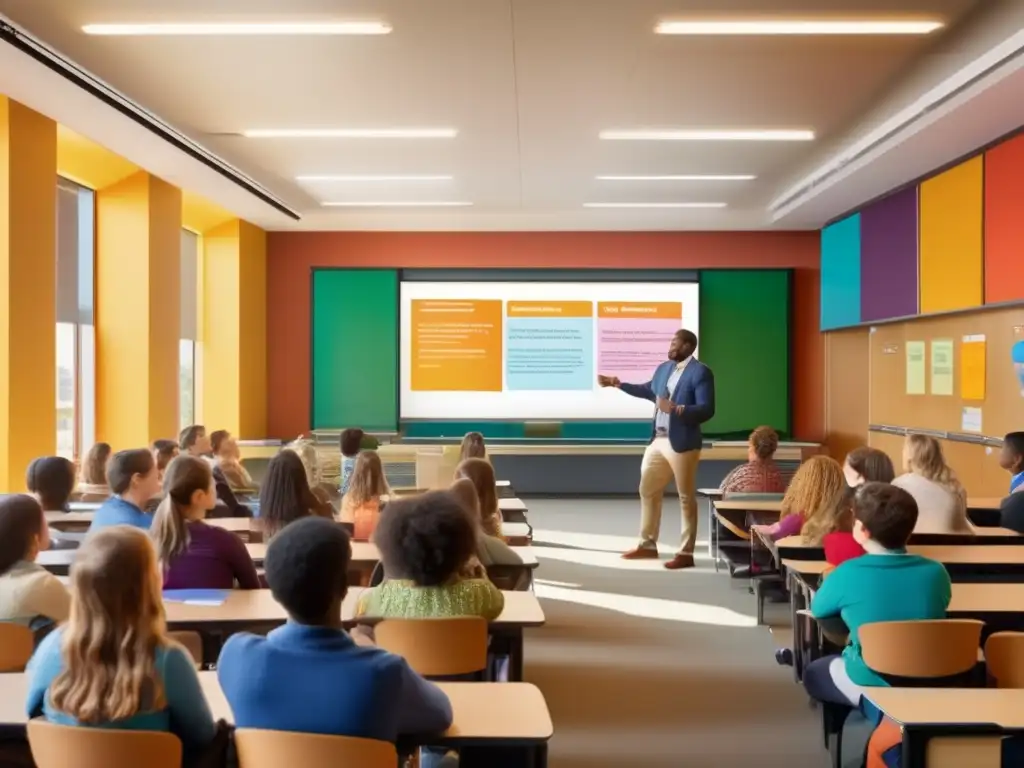 Aula llena de estudiantes ansiosos Importancia de la participación en clase universitaria: aula vibrante con estudiantes ávidos y profesor entregado