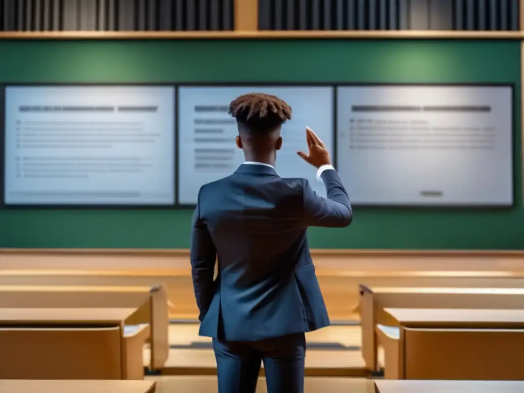 Estudiante seguro frente a panel de admisiones Importancia comunicación no verbal admisión universitaria: estudiante profesionalmente vestido frente al panel de admisión