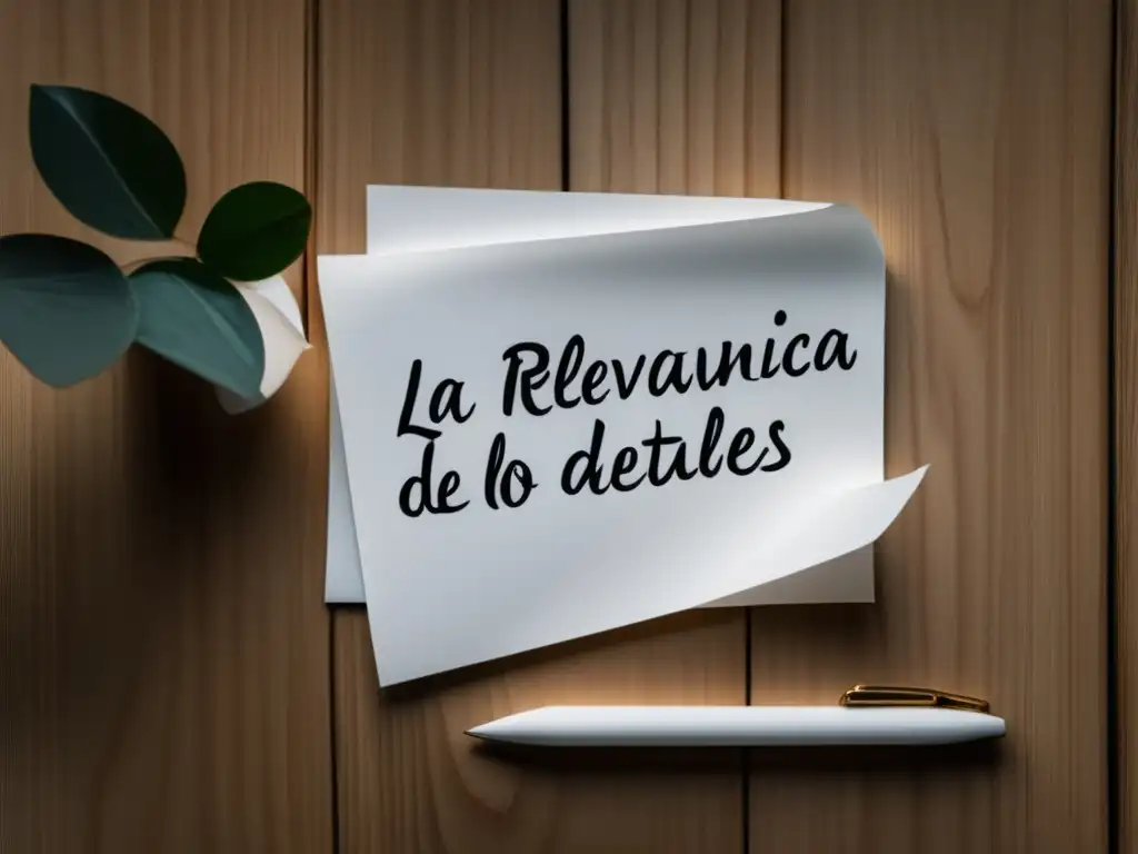 Detalle meticuloso en escritura Importancia de detalles precisos en ensayos universitarios: Detalle impecable en papel blanco sobre escritorio de madera