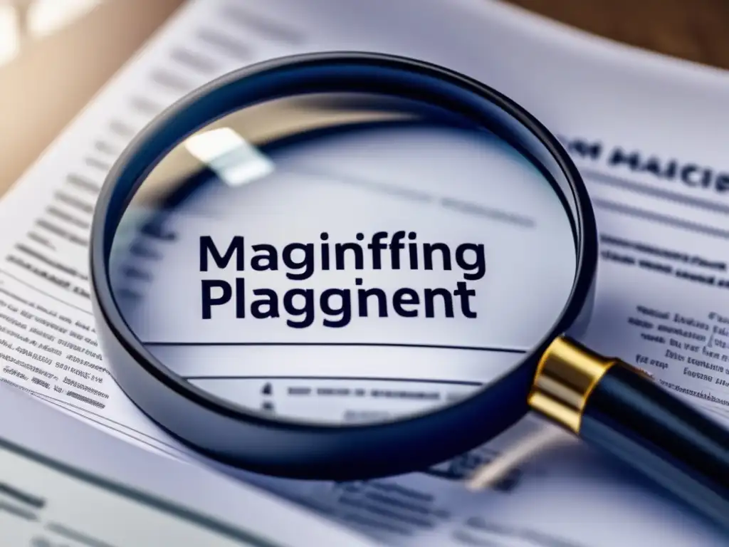 Detección de plagio en documentos Importancia de IA en detección de plagio - Magnífica imagen con lupa sobre documentos, representando la meticulosa revisión de contenido