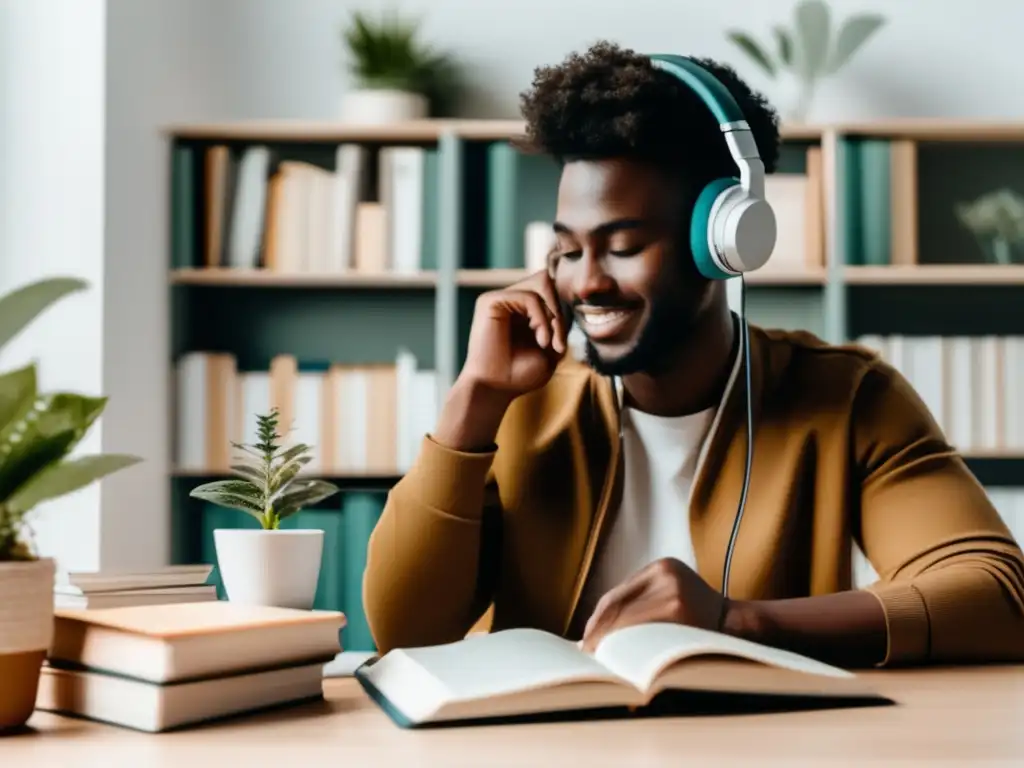 Estudio de inglés con dedicación Importancia del dominio del idioma: persona estudiando inglés en un escritorio rodeado de libros y recursos de aprendizaje de idiomas