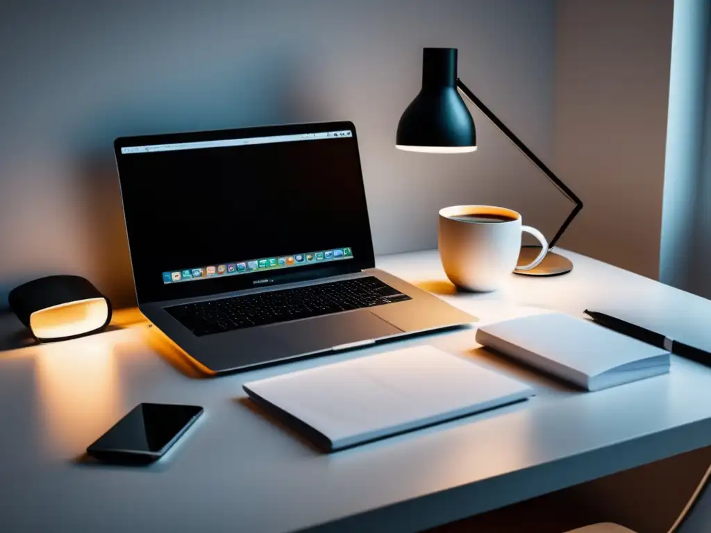 Escritorio minimalista y moderno con elementos profesionales Importancia ensayos personales en admisiones universitarias, escritorio minimalista y elegante con laptop, papeles organizados, pluma y café