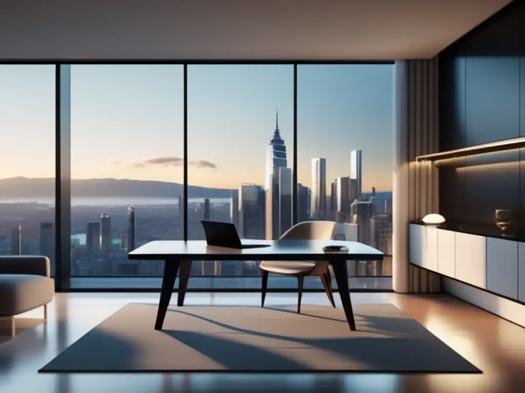 Espaciosa sala minimalista con vista panorámica de la ciudad Importancia entrevistas personales: Espaciosa habitación moderna con vista panorámica de la ciudad, muebles contemporáneos y ambiente sereno