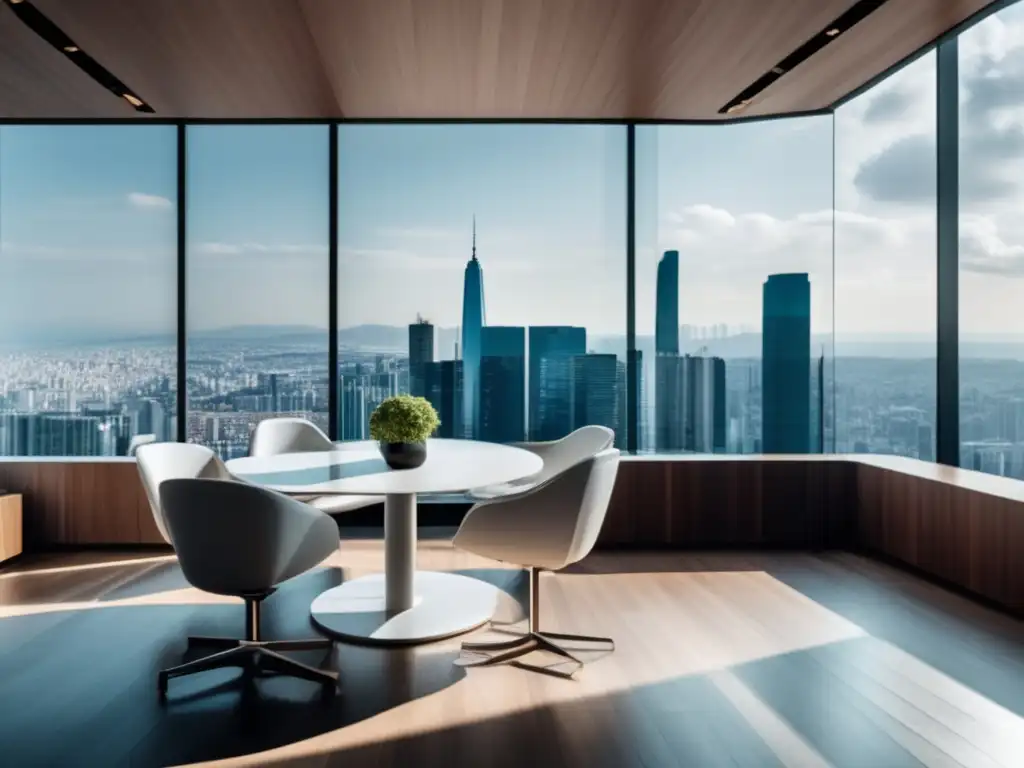 Entrevista profesional en sala elegante Importancia de entrevistas personales: Sala de entrevistas elegante, minimalista y moderna con vista panorámica a la ciudad
