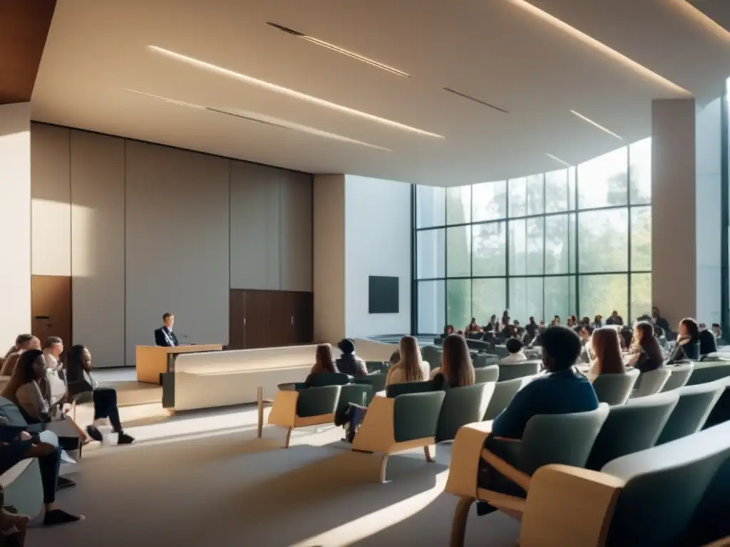Aula universitaria moderna y minimalista Importancia de la escucha activa en la universidad: estudiantes en aula moderna y luminosa, profesor enseñando