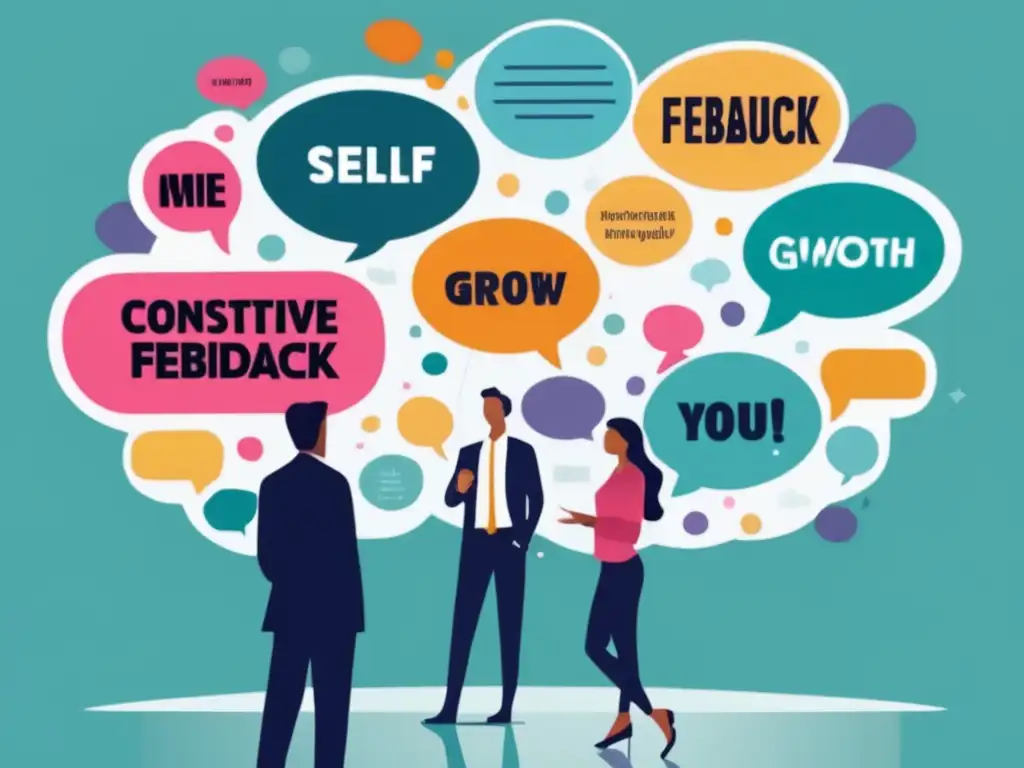 Reflexiones constructivas y crecimiento personal Importancia del feedback constructivo en admisiones universitarias - Persona frente a espejo rodeada de globos de diálogo con frases positivas