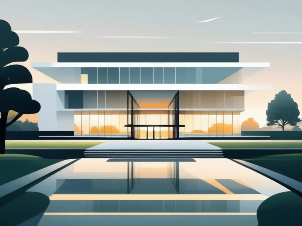 Universidad moderna al atardecer Importancia de la IA en admisiones universitarias: campus moderno con arquitectura contemporánea y paisaje sereno
