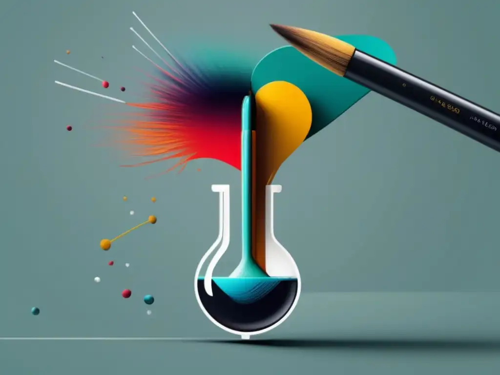 Armonía artística y científica: pincel y tubo de ensayo intersectados Importancia inclusión en admisiones universitarias: arte y ciencia se unen en imagen 8k con pincel y tubo de ensayo, colores vibrantes y fondo blanco