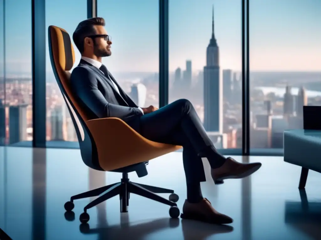 Profesional con postura perfecta en silla moderna Importancia del lenguaje corporal en entrevistas: Imagen de persona profesional con postura perfecta, segura y controlada en silla moderna, en entorno minimalista