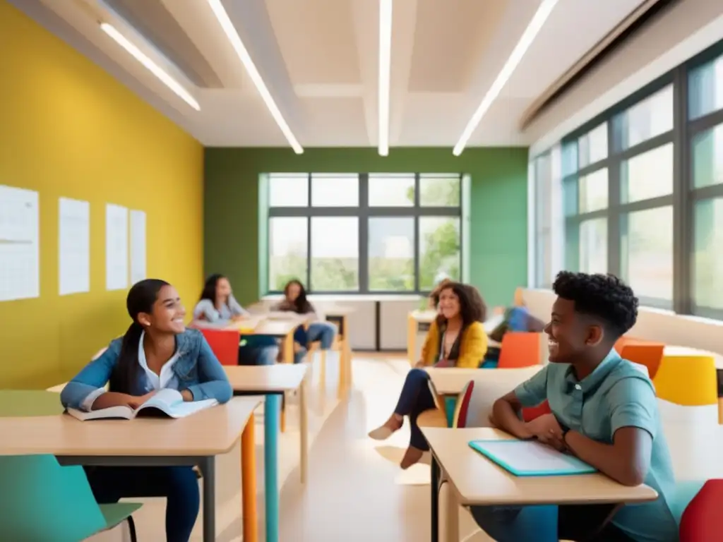 Aula multicultural con estudiantes aprendiendo idiomas Importancia del multilingüismo en educación: Aula moderna con estudiantes de distintas culturas participando en actividad de aprendizaje de idiomas