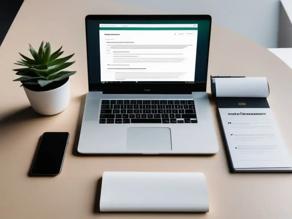 Escritorio minimalista para prueba de carrera Importancia de la personalidad en elección de carrera: minimalista escritorio con laptop, test de personalidad y notas