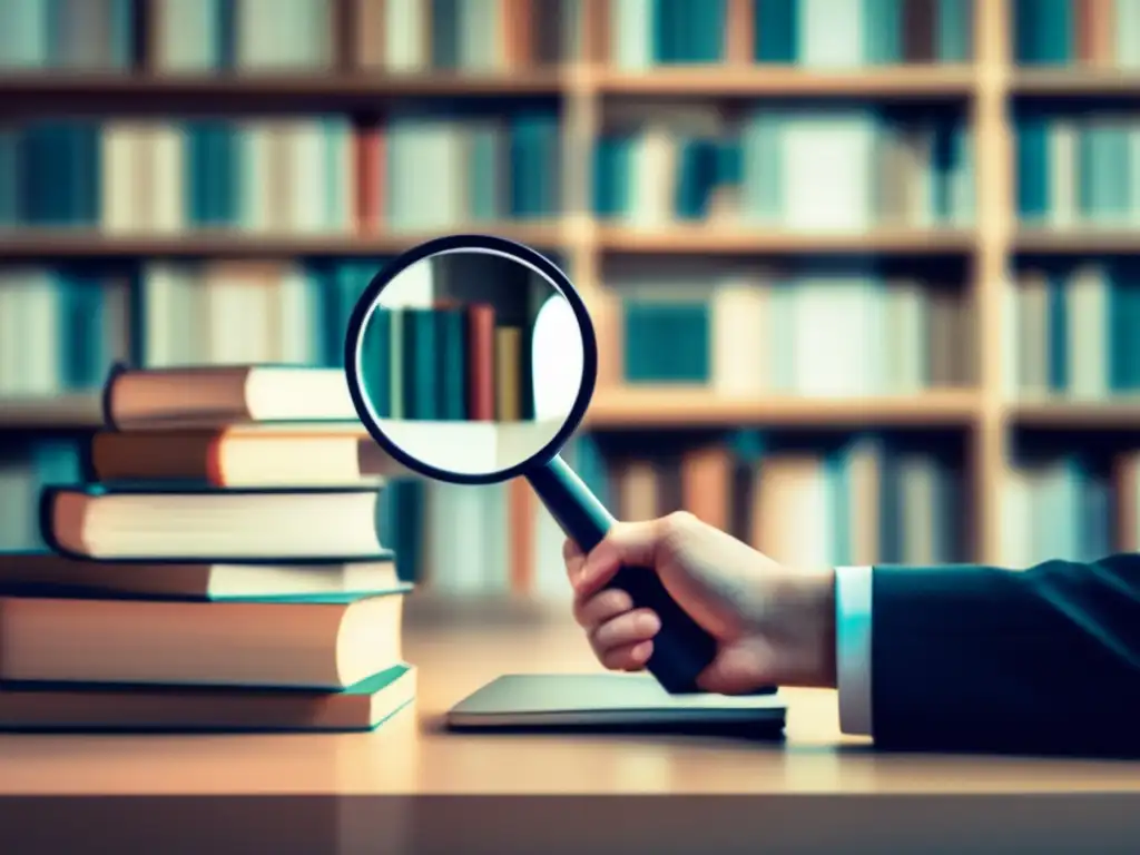 Búsqueda de información en línea Importancia investigación previa universidad: mano sosteniendo lupa, libros y laptop
