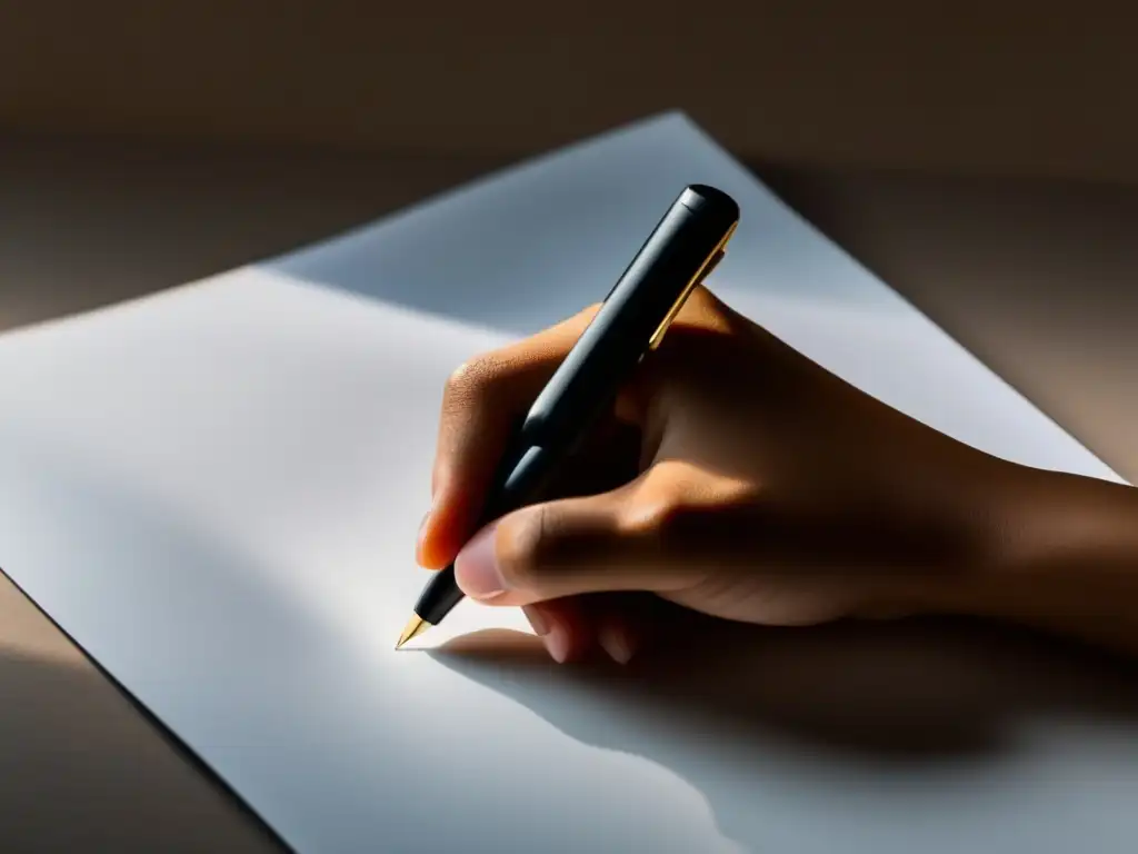 Mano escribiendo con pluma Importancia primer párrafo: Enganchar lectores con imagen profesional de mano sosteniendo bolígrafo