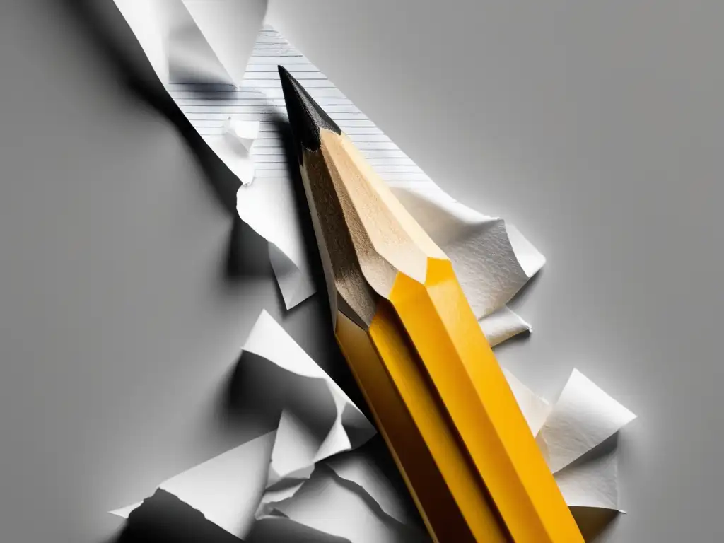 Pencil and discarded drafts: Symbol of focus and revision Importancia de la psicología en ensayos de admisión: Pencil symbolizing revision, surrounded by crumpled paper