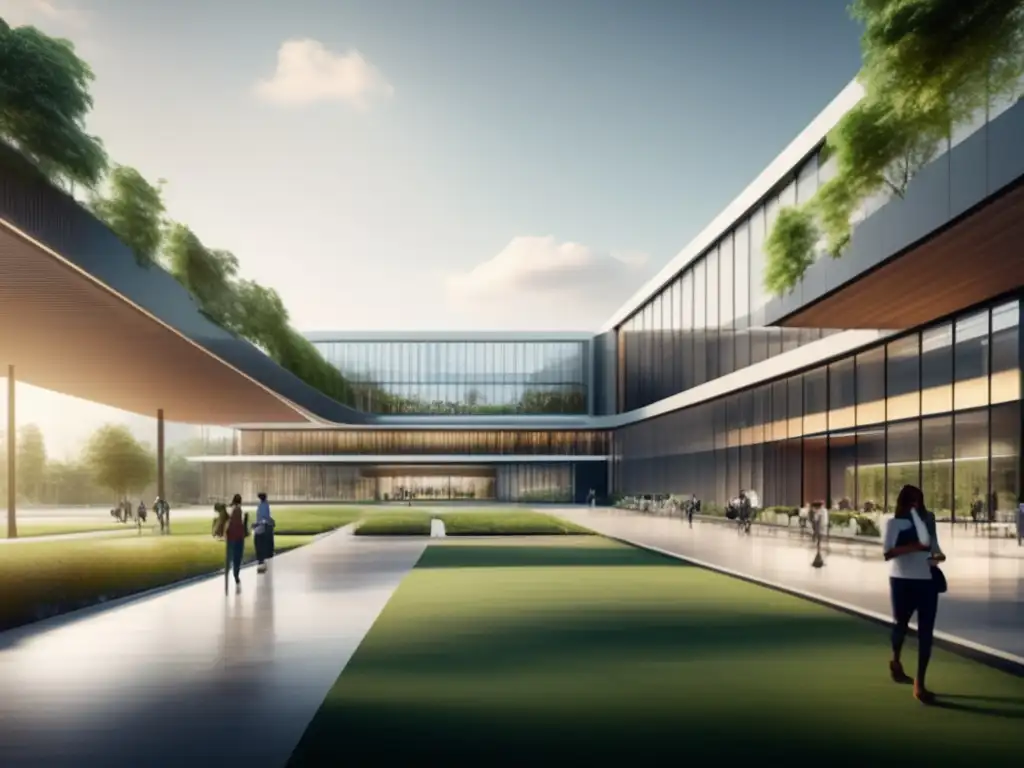 Universidad moderna rodeada de naturaleza y tecnología Importancia de las recomendaciones universitarias en el campus moderno y vanguardista, rodeado de naturaleza exuberante y arquitectura contemporánea
