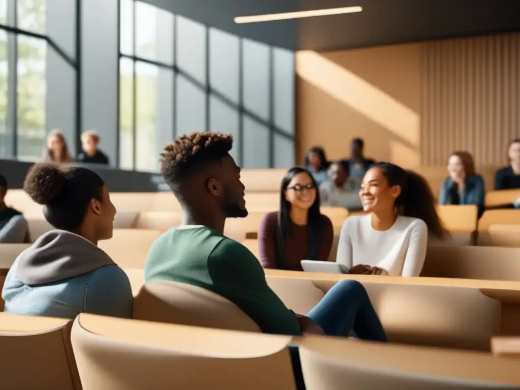 Estudiantes universitarios discutiendo en aula moderna Importancia de redes sociales en admisiones universitarias: estudiantes diversos en sala de conferencias moderna y tecnológica