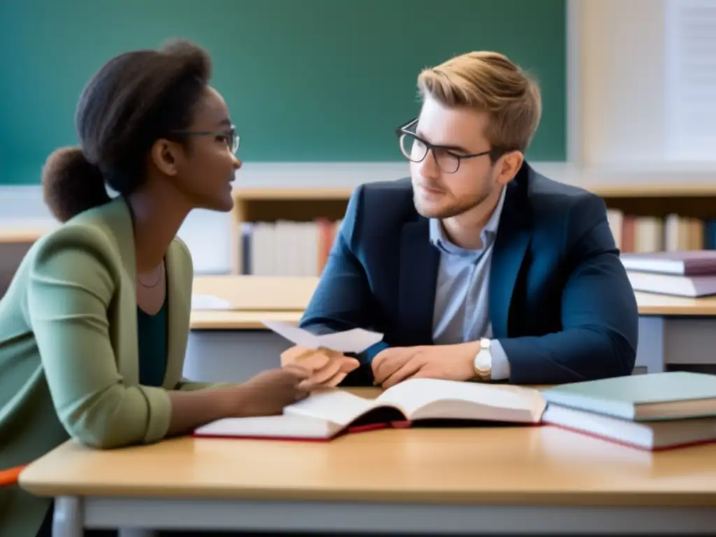 Estudiante y profesor en conversación Importancia de referencias en proceso de admisión universitaria: estudiante y profesor en conversación profunda en aula moderna