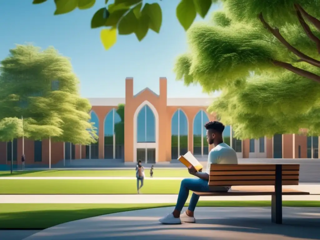 Estudiante en campus universitario Importancia salud mental: estudiante tranquilo en campus universitario, cielo azul y árboles verdes