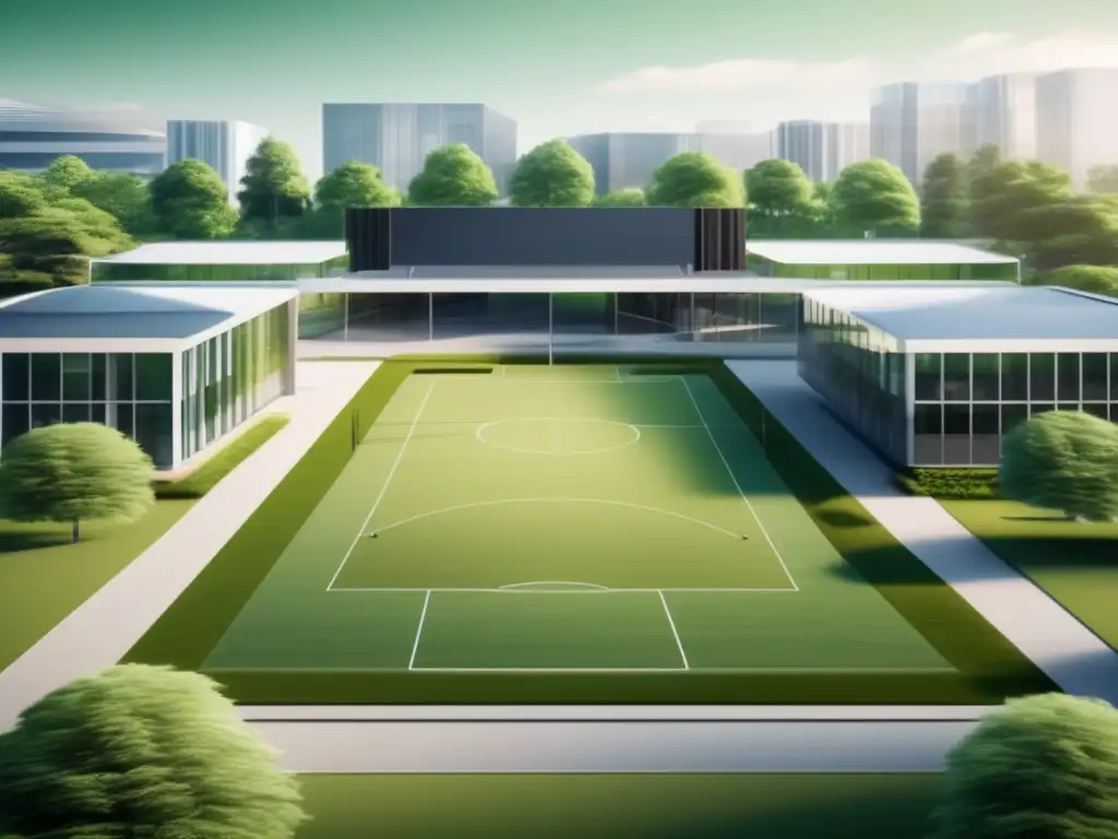 Universidad con arquitectura moderna y sereno paisaje Importancia de la salud mental en la universidad: Imagen de universidad tranquila con edificio moderno reflejando entorno