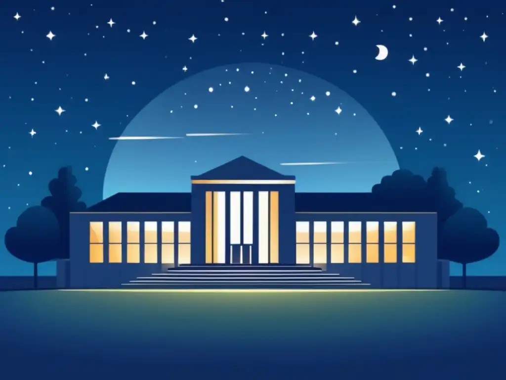 Universidad iluminada por la luna Importancia del sueño en admisiones universitarias: Edificio universitario minimalista iluminado por la luna, paisaje sereno y estrellas