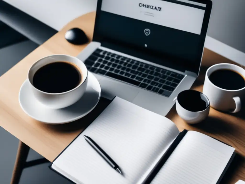 Espacio de trabajo minimalista Importancia del tono en ensayo universitario: Escritorio minimalista con laptop, libros, café y notas