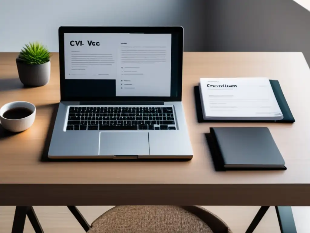 Escritorio organizado con CV destacado Importancia CV admisión universitaria: escritorio organizado con laptop, notepad, CV destacado