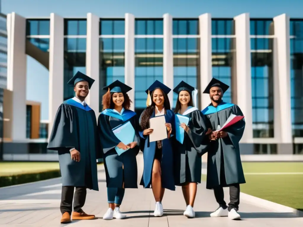Estudiantes graduados frente a moderno campus universitario Importancia de la orientación universitaria en una imagen 8k de estudiantes diversos frente a un campus moderno y elegante
