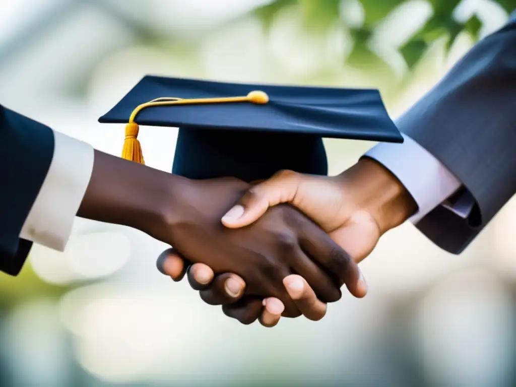 Mentoría universitaria: estudiante y mentor conectados Importancia del networking universitario: dos manos representando a estudiante y mentor, resaltando la conexión y apoyo en admisiones