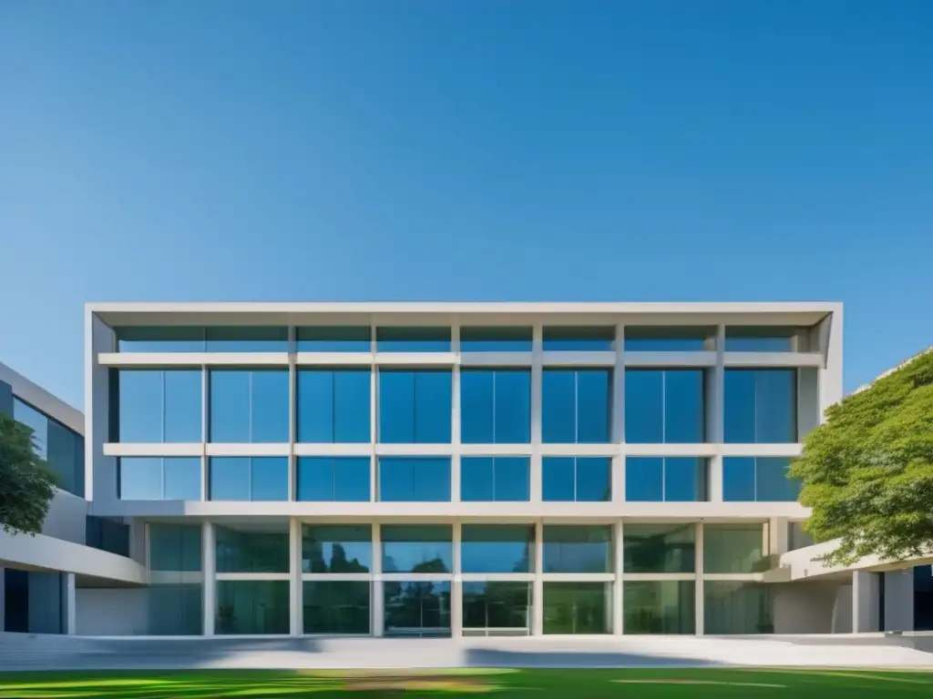Campus universitario moderno y minimalista bajo cielo azul claro Importancia orientación vocacional universitaria en ambiente moderno y apoyo, con edificio contemporáneo, naturaleza y colores armoniosos