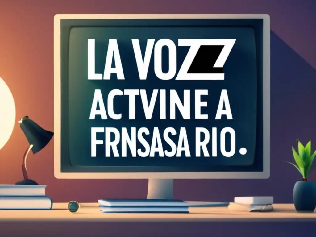 Expresión clara y precisa Importancia de la voz activa en ensayos universitarios: imagen minimalista y moderna de una pluma sobre papel, con palabras caóticas y borrosas saliendo de ella, representando la falta de claridad en expresar ideas