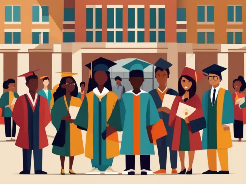 Estudiantes diversos en universidad multicultural Ilustración inclusiva de estudiantes étnicamente diversos frente a un edificio universitario, simbolizando la acción afirmativa en admisiones