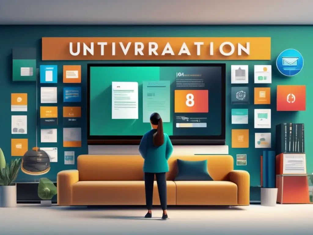 Escena moderna y minimalista de una televisión con imágenes universitarias Influencia de los medios en carreras universitarias: Escena moderna con pantalla de TV mostrando imágenes universitarias vibrantes y estudiantes diversos
