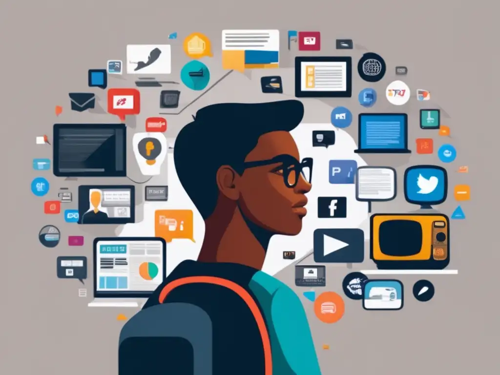 Influencia de los medios en elección de carrera Influencia medios en carreras universitarias: joven rodeado de iconos de medios, pensando en elección de carrera
